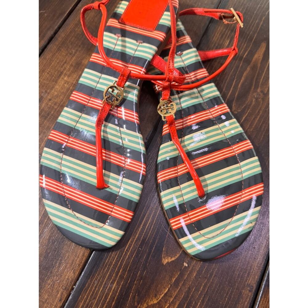 Tory Burch Red Patent Leather Thong Sandals with Striped Footbed 9.5